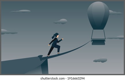 vector illustration of a business woman running on a rope, heading for a hot air balloon