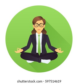 Vector illustration of business woman sitting in lotus pose. Meditating office worker on greenery trendy color of 2017 background. Corporate yoga illustration.