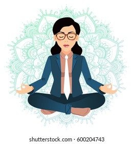 Vector illustration of business woman sitting in lotus pose. Meditating office worker on dreamy mandala background. Corporate yoga illustration.