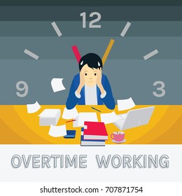 Vector illustration of business woman sitting at her desk, very busy with stacked paper, working alone at late night in concept of overtime working. Flat design.