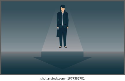 
Vector Illustration Of Business Woman Stands And Looks At The Line Graph Going Down