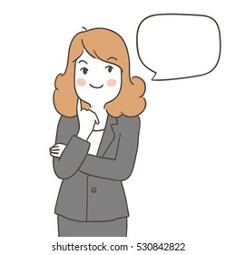 Vector Illustration Of Business Woman Thinking With Speech Bubble.Doodle Cartoon Style.