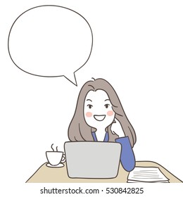 Vector illustration of business woman thinking with speech bubble and coffee break.Doodle cartoon style.