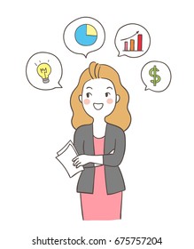 Vector illustration of business woman thinking planning present on meeting. Draw doodle style.