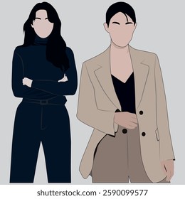 vector illustration of business women model, office, art, dress, clothes, standing, style