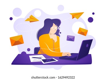 Vector Illustration Business Women Sit On Laptop, Check And Send Emails. Email Service Concept.