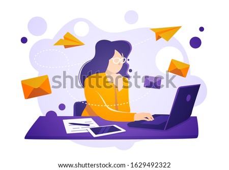 Vector illustration business women sit on laptop, check and send emails. Email service concept.