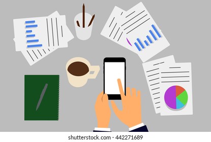 Vector illustration. Business workplace with people using smartphone. Business concept.