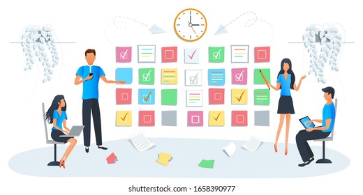 Vector illustration of business workshop, people making a presentation at office. Team brainstorming idea. Business man standing at whiteboard with sticky notes. Increase skills on workshop training