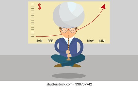 Vector illustration of business yoga. Businessman levitating near graphics with rising profits.