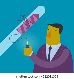 Vector illustration of businessman accelerates growth of the chart using fireworks rocket