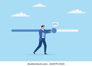 Vector Illustration of a Businessman Actively Working to Complete a Progress Bar, Representing Dedication, Persistence, and the Drive to Achieve Professional Milestones	