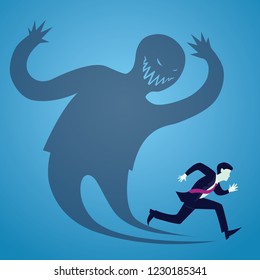 Vector illustration of businessman afraid runaway from his own inner shadow