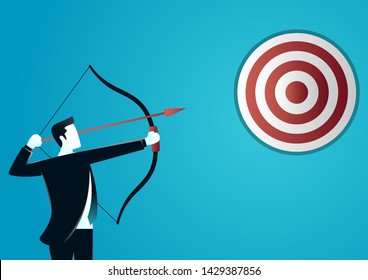 vector illustration of a businessman aiming an arrow to target board. describe target business. business concept illustration