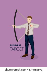 Vector illustration of businessman aiming with bow and arrow isolated on plain purple background.