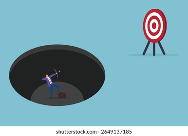 Vector illustration of a businessman aiming to hit a target from inside a dark hole, representing determination, overcoming adversity, and striving for success against the odds
