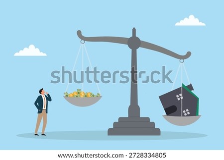 Vector illustration of a businessman analyzing a balance scale weighing money against a house, symbolizing investment choices, real estate value, wealth comparison, and economic strategy

