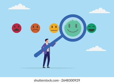 Ilustração vetorial de um empresário analisando o feedback do cliente por meio de uma grande lupa, simbolizando a revisão completa e o foco no aprimoramento da experiência do cliente
