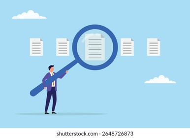 Vector illustration of a businessman analyzing a document with a large magnifying glass, symbolizing thorough inspection, data analysis, and precise business analysis
