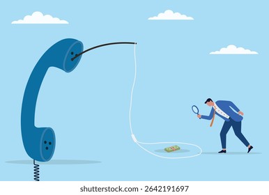 Vector illustration of a businessman analyzing a fraudulent phone call trap with a magnifying glass, symbolizing vigilance, investigation, and awareness against financial scams
