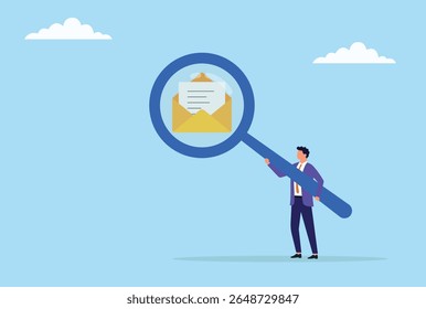Ilustração vetorial de um homem de negócios analisando uma mensagem com uma grande lupa, simbolizando escrutínio cuidadoso, avaliação detalhada e análise de comunicação completa
