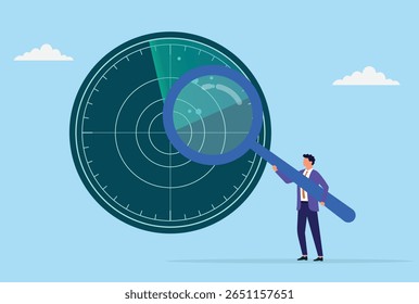 Vector illustration of a businessman analyzing a radar screen through a giant magnifying glass, symbolizing client hunting, strategic targeting, and focused market search
