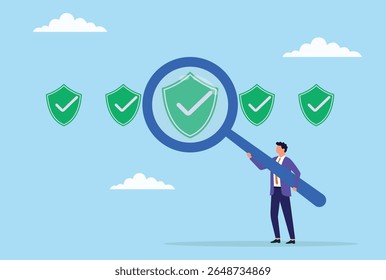 Vector illustration of a businessman analyzing security through a large magnifying glass, symbolizing detailed risk assessment, thorough inspection, and focus on protection and safety
