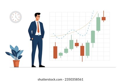 Vector illustration of a businessman analyzing a stock market chart, smart stock trading, investment income growth