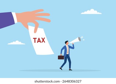 Vector illustration of a businessman announcing tax information through a megaphone beside tax documents, highlighting crucial communication about taxes and financial responsibilities
