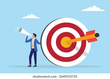 Vector illustration of a businessman announcing through a megaphone beside a target sign, symbolizing effective communication, goal setting, marketing, and leadership in business
