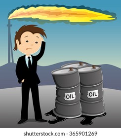 Vector illustration. Businessman anxiously looking at the barrels with oil.