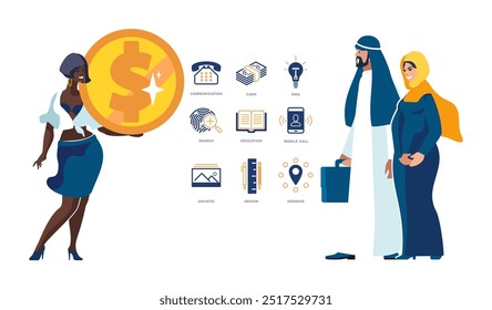 Vector illustration. Businessman arab sheikh and secretary woman with dollar coin analyze financial market, business, people icons, sign, infographic. Investor's money, investments. Blue design banner