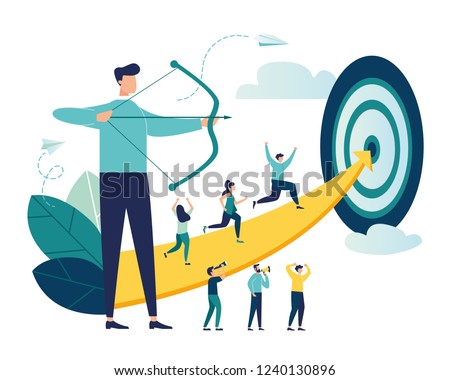 Vector illustration of a businessman archer aiming at a target, people run to their goal along the arrow to the cutter, raise motivation, the way to achieve the goal