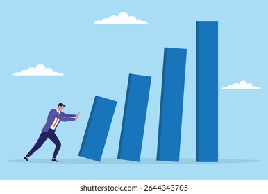 Vector illustration of a businessman attempting to push and discard a bar graph, symbolizing the fight against poor results, overcoming obstacles, and rejecting negative business trends
