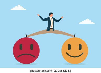 Ilustración vectorial de un hombre de negocios que equilibra entre emociones felices e infelices simbolizando la toma de decisiones, la inteligencia emocional y el mantenimiento del equilibrio en la vida profesional
