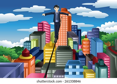 A vector illustration of businessman balancing on a tight rope