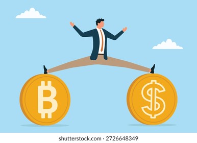 Ilustración vectorial de un hombre de negocios que se equilibra con un pie en un Bitcoin y el otro en una moneda de dólar, que simboliza la estrategia financiera, la inversión, la gestión de riesgos y el crecimiento de la riqueza
