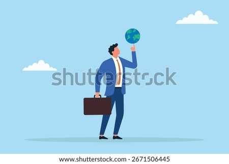Vector illustration of a businessman balancing and spinning the globe on his finger, symbolizing control, global leadership, strategy, influence, and business success

