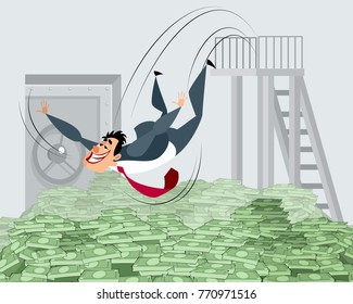 Vector illustration of businessman bathing in money