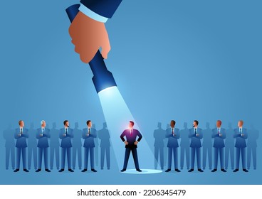 Vector illustration of a businessman being flash lighted among other businessmen. Stand out from the crowd, promotion, candidate, chosen, career, business concept