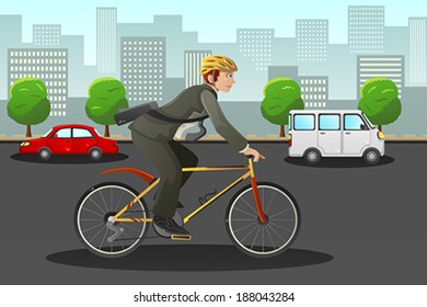 A vector illustration of businessman biking in the city