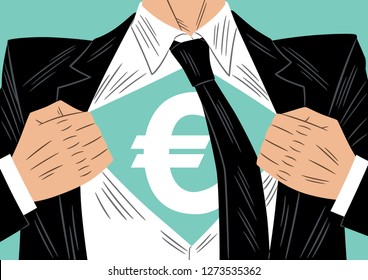 Vector illustration of a businessman in a black suit, opening his shirt and showing a undershirt below with the euro symbol on his chest.