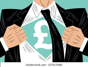 Vector illustration of a businessman in a black suit, opening his shirt and showing a undershirt below with the libra symbol on his chest.