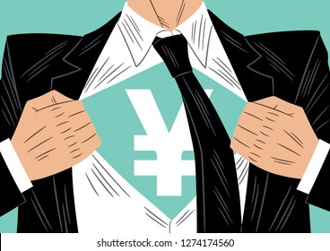 Vector illustration of a businessman in a black suit, opening his shirt and showing a undershirt below with the yen symbol on his chest.