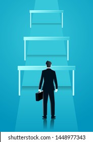 vector illustration of businessman blocked by hurdled. describe obstacle, compete, move, obstacle, and faster. business concept illustration