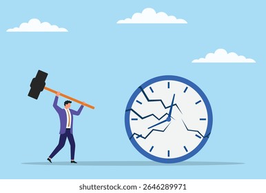 Vector illustration of a businessman breaking a clock with a hammer, symbolizing frustration with time pressure, breaking free from deadlines, or rejecting rigid schedules and constraints
