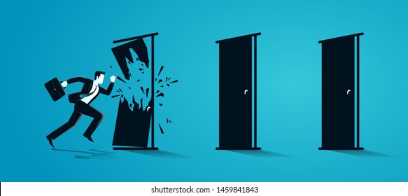 vector illustration of businessman breaking the door. describe challenge, obstacles, ambition, take a risk and danger. business concept illustration