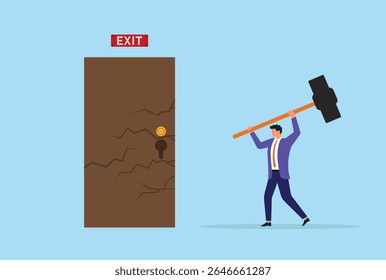 Vector illustration of a businessman breaking a door with a hammer, symbolizing breaking barriers, overcoming obstacles, and taking bold actions to achieve success in business
