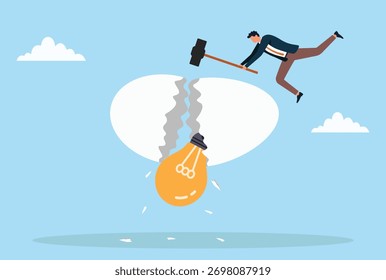 Vector illustration of a businessman breaking an egg with a hammer revealing a light bulb inside, symbolizing innovation, creativity breakthrough, new ideas, risk taking, and business success

