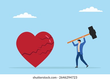 Vector illustration of a businessman breaking a giant love sign with a hammer, symbolizing emotional release, heartbreak, or breaking away from past attachments to start anew
